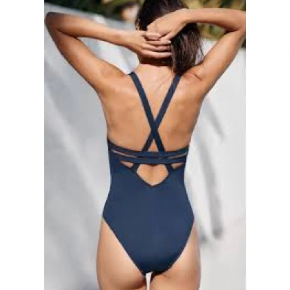 NWOT SEAFOLLY Active Blue Floral Deep V-Neck One-Piece Swimsuit